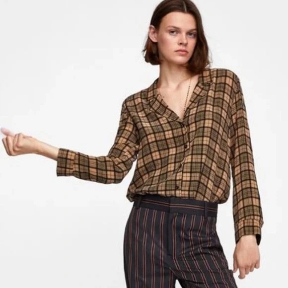 Zara Tan and Black Plaid Shirt - Picture 1 of 10